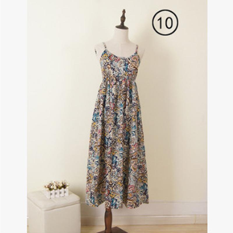 Johnature Summer Spaghetti Strap Sexy Loose Bohemia Beach Vacation Long Dresses Women High Waist Casual Dress