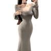 Gray Lace Patchwork Fishtail Dress: Slim Fit, Long Sleeve, Waist-Cinching, Hip-Hugging Skirt for Spring/Autumn