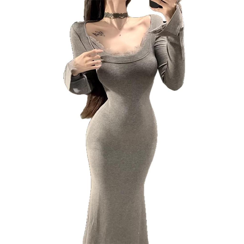 Gray Lace Patchwork Fishtail Dress: Slim Fit, Long Sleeve, Waist-Cinching, Hip-Hugging Skirt for Spring/Autumn