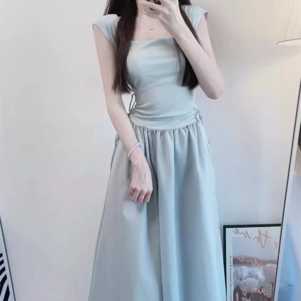 Summer Small Fresh Waist Thin Solid Color Dress French High-end Simple Drawstring Square Neck Dress