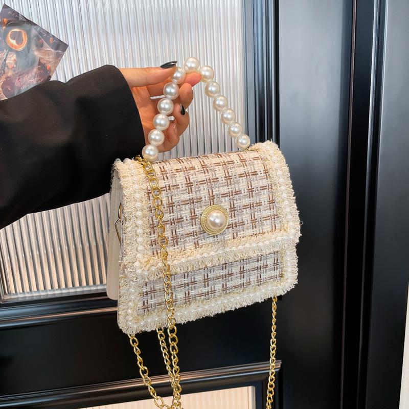 Women's Autumn & Winter Mori-Style Knitted Wool Bag with Pearl Lace and Chain