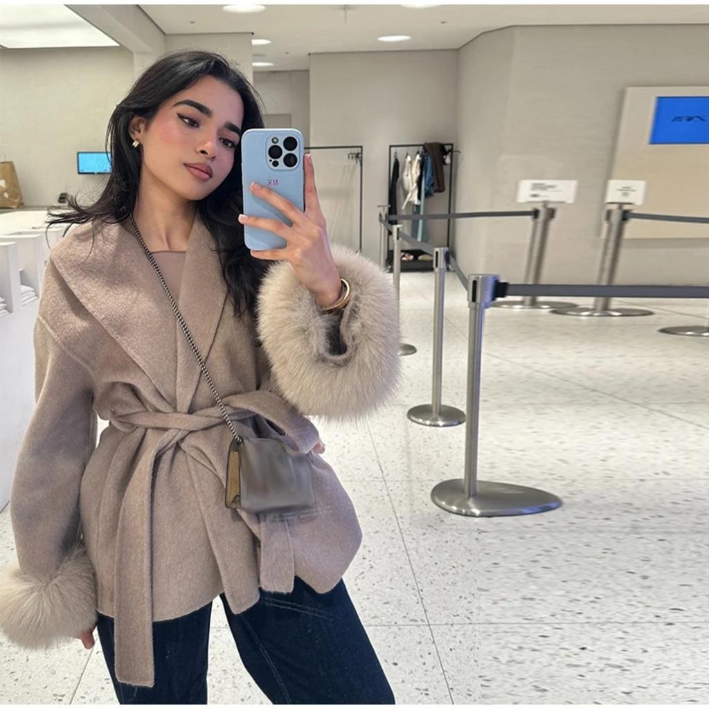 VAYLA Chic Lapel Plush Coat With Belt Women Vintage Solid Faux Fur Sleeve Tweed Open Coats Female Autumn Casual Street Outwear
