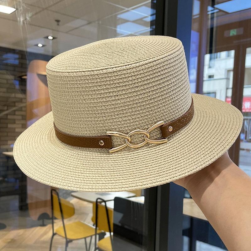 Elegant Belt Buckle Flat Top Sun Hat Children's Summer Travel Versatile Straw Hat Holiday British Sunscreen Top Hat