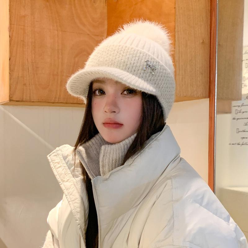 Rabbit Fur Knitted Hat Women'S Winter Velvet Thickened Thermal Ear Protection Hat Big Head Circumference Shows Small Face Cycling Baseball Cap