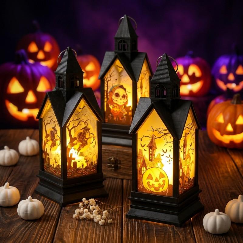 Halloween Decorative Lantern With Castle Pumpkin Witch Scarecrow Skeleton Design Battery Operated LED Candle Light Party Home