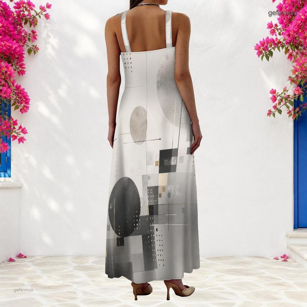 Women Plus Size Scoop Neck Strappy Sleeveless Gray Black Geometric Printed A Line Long Dress