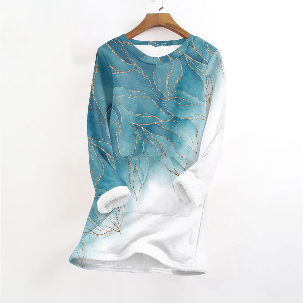 Women's Fashionable Printed Round Neck Long Sleeved Plush Warm Pullover Top