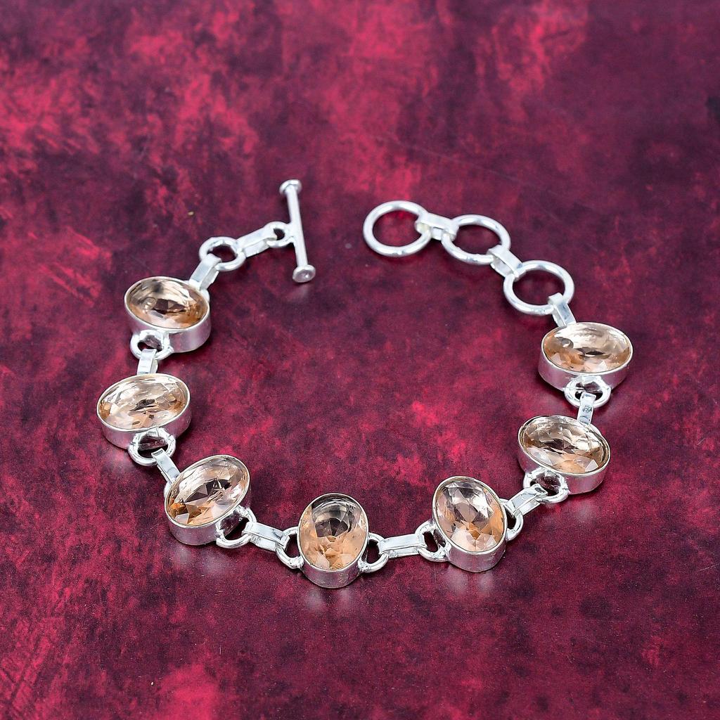 Morganite 925 Solid Sterling Silver Bracelet, Handmade Gemstone Bracelet Jewelry, Gifts For Wife Brand New Bracelet