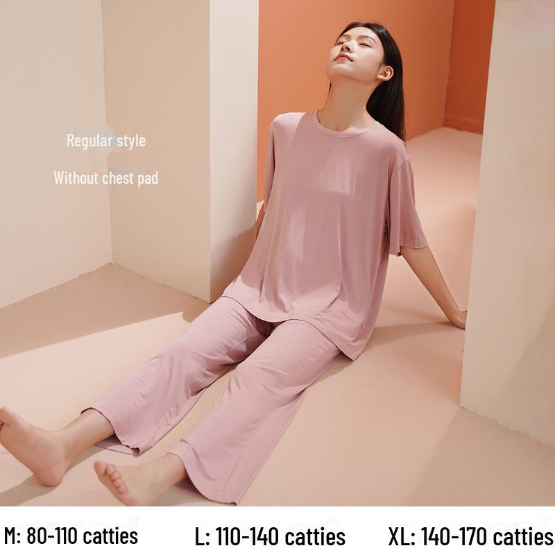 Women's Summer Short-Sleeve Modal Cotton Pajama Set with Chest Pad