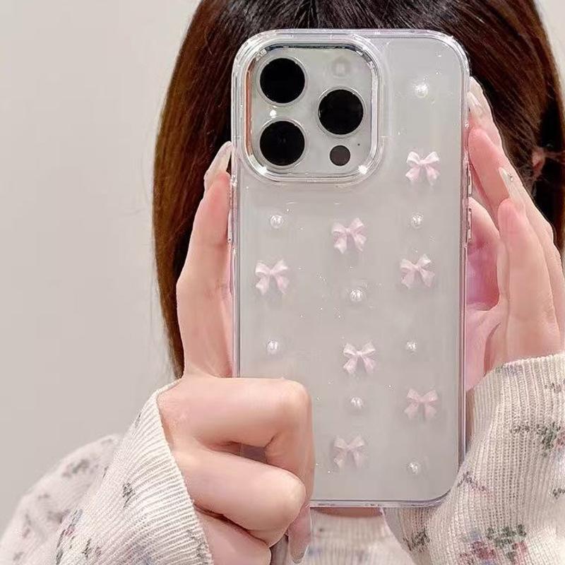 Transparent Glitter Phone Case for IPhone 16 Promax Black Bow for Apple 17 Pearl 13 Women's New Model