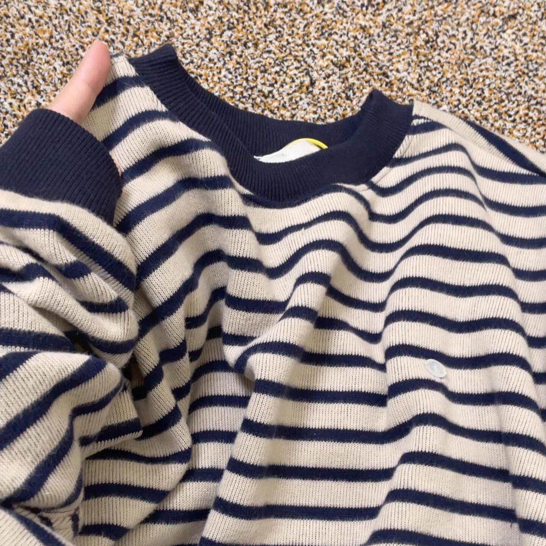 

Женский свитер оверсайз в полоску с круглым вырезом - Модный топ свободного кроя на весну/осень 2024 Medium темно-синий