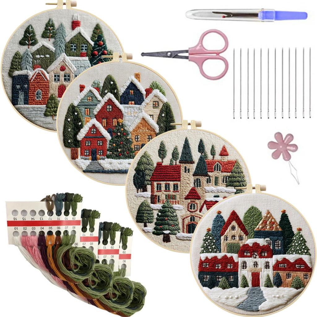 4 Pack Embroidery Starter Kit with Christmas Patterns Cross Stitch Kits with Embroidery Hoop Needles Threads Instruction