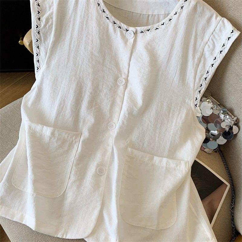 Korean Style Sleeveless Cotton Linen Vest Women Embroidered Summer Top