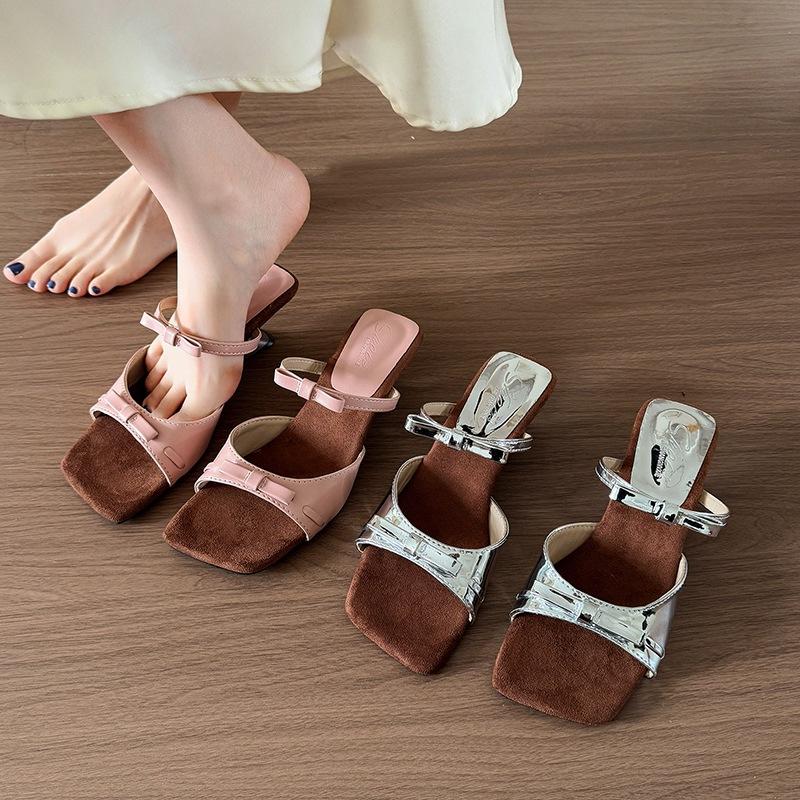 Silver bow wedge sandals women's summer wear 2025 new square head cool slippers with skirt high-heeled slippers