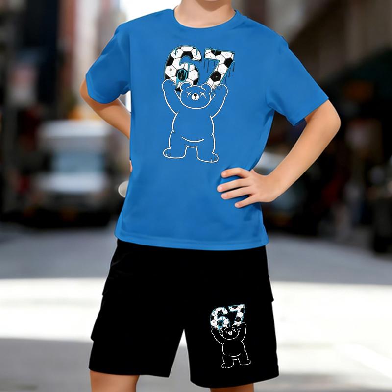 Boys 2 Piece Football themed print Outfit, Short Sleeve T-Shirt and Shorts Set for Kids Age 5-14,Black and White Sporty Casual Summer Clothes