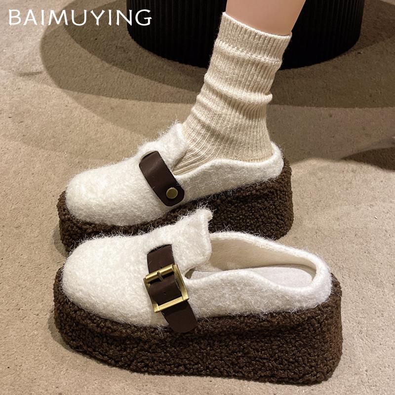 Suede Women Wedges Slippers High Heels Designer Shoes Fur Short Plush Slingback Winter Shoes 2024 Trend Fashion Mujer Zapatos