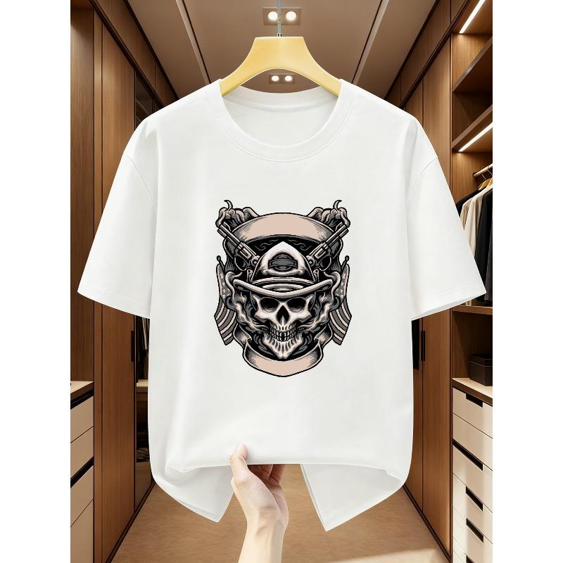 Plus Size Men'S T-Shirts Men'S Trendy Skull Helmet And Double Guns Print Round Neck T-Shirt Comfortable Casual Summer Short-Sleeved T-Shirt