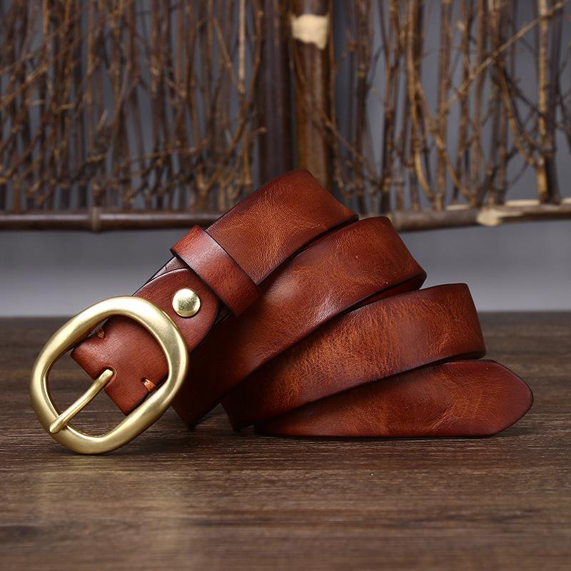 Retro Pleated Trendy Copper Buckle Belt Women'S Genuine Leather First Layer Pure Cowhide Versatile Jeans Belt