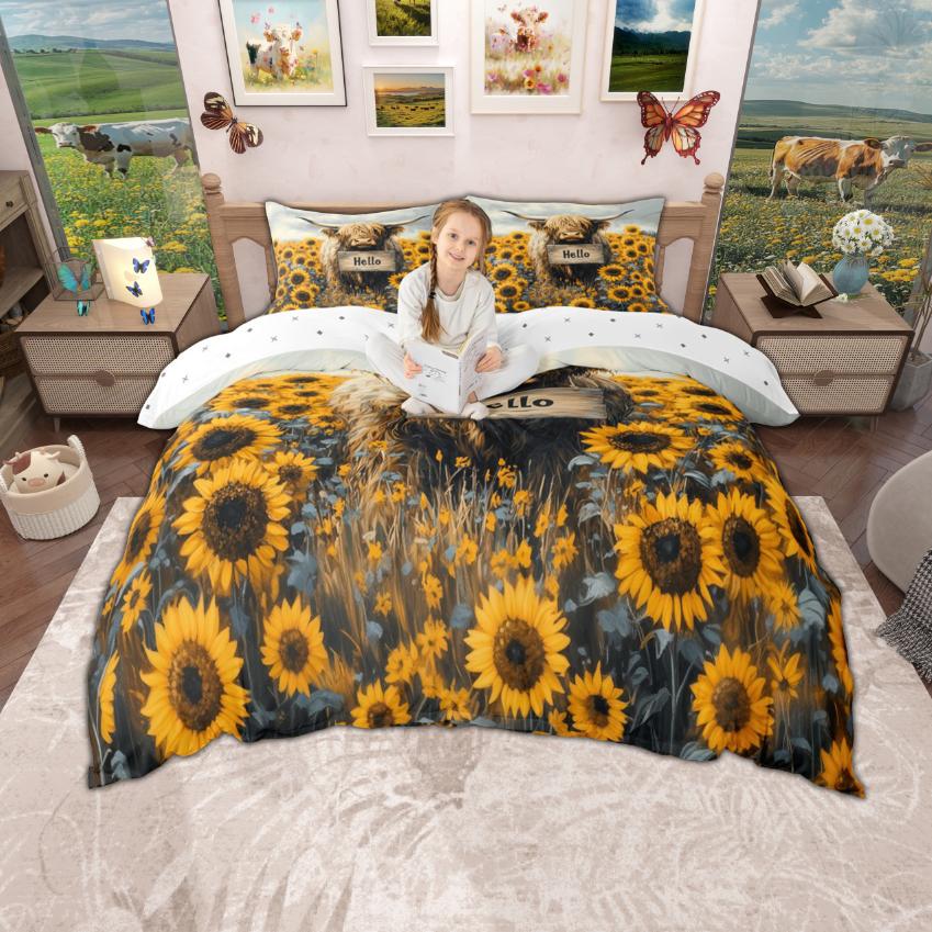 Homewish Highland Cow Duvet Cover Set, Chic Sunflower Bedding Set, Retro Farmhouse Lodge Cabin Quilt Cover Set