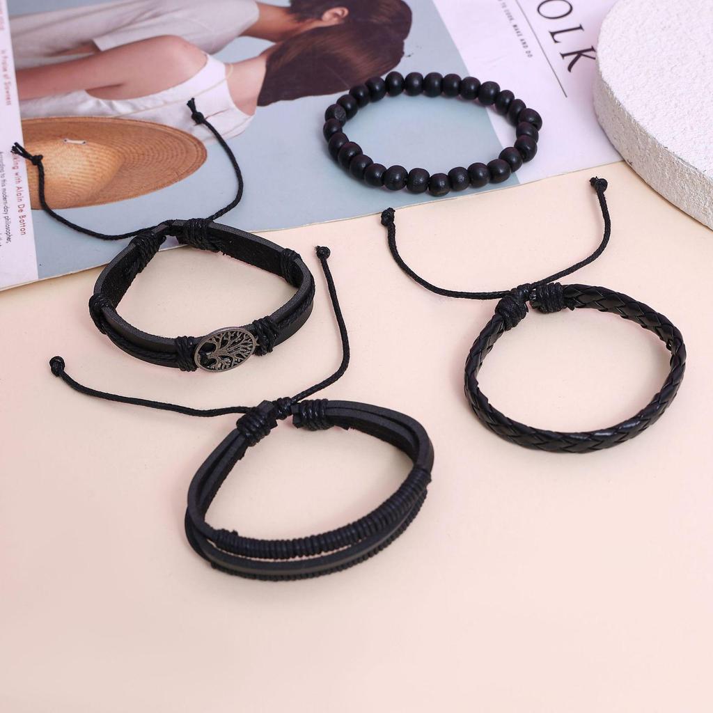 Handmade Vintage Braided Leather Bracelet - Unisex Adjustable Beaded Bangle