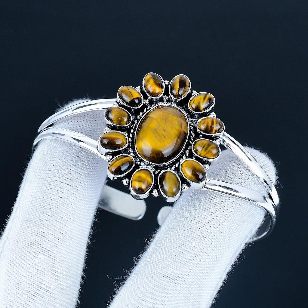Natural Tiger Eye Gemstone Handmade Cuff Bangle 925 Sterling Silver Cuff Bangle, Tiger Eye Flower Shape Bracelet For Wife, Unisex Bangle