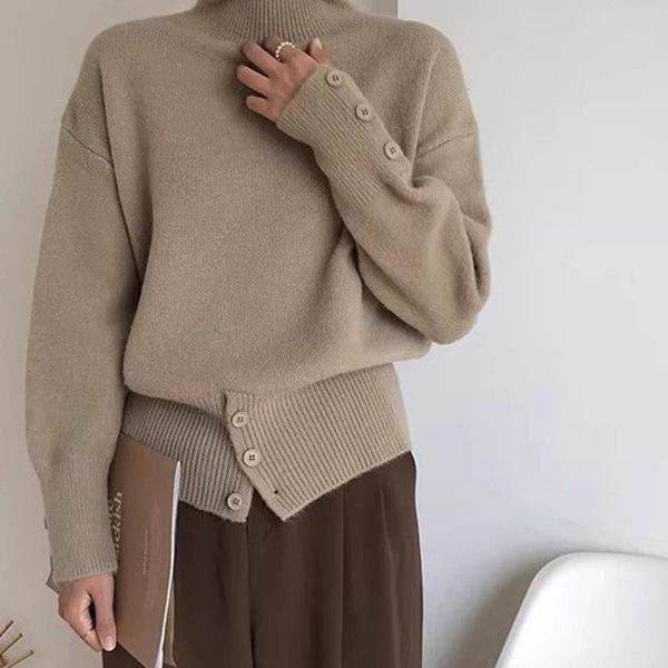 Retro High Neck Button Sweater: Women's Autumn/Winter Solid Color Knit with Slit