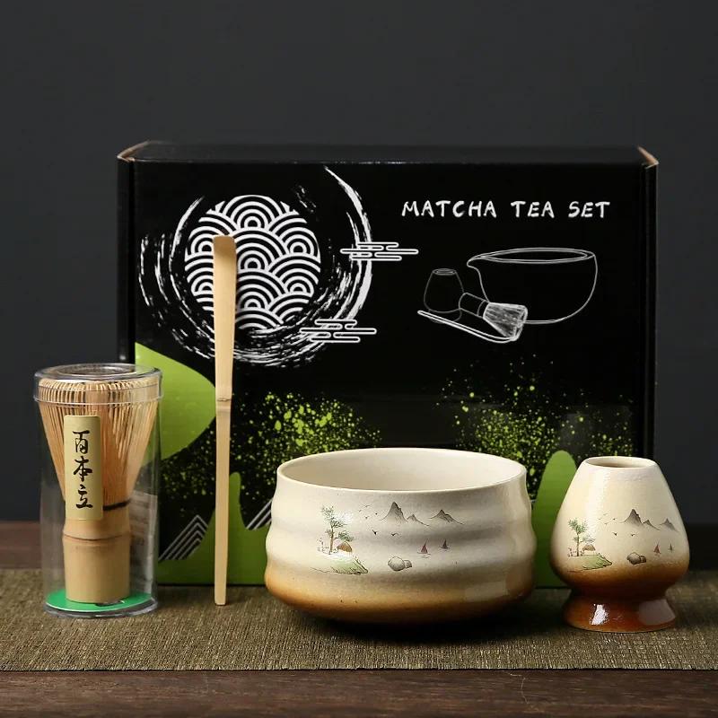 4PCS Japanese Matcha Tea Set Bamboo Whisk Scoop Ceramic Matcha Bowl Traditional Indoor Handmade Tea-making Tools Birthday Gift