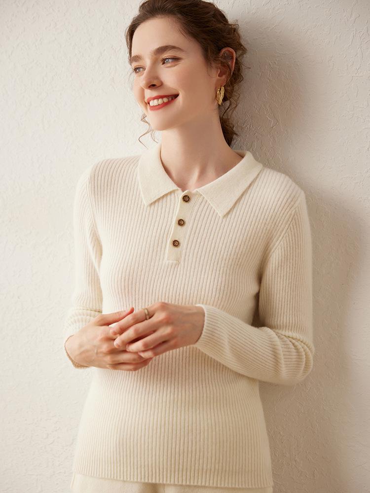 Women's Cashmere Polo Collar Sweater - Autumn/Winter Style with Button Detail