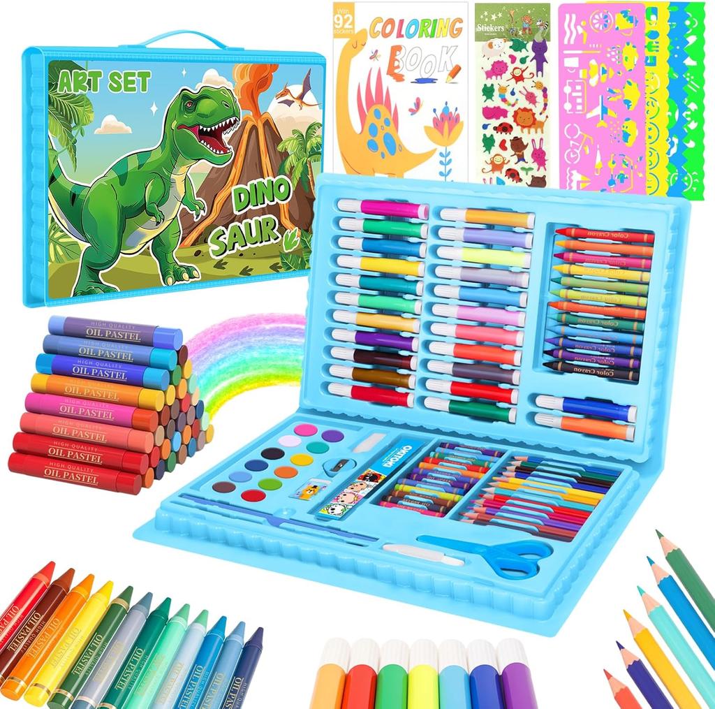 Coloring Book Set for Kids, Dinosaur Drawing & Coloring Set with Crayons, Colored Pencils, Markers, Sketchbook, Watercolor Cakes