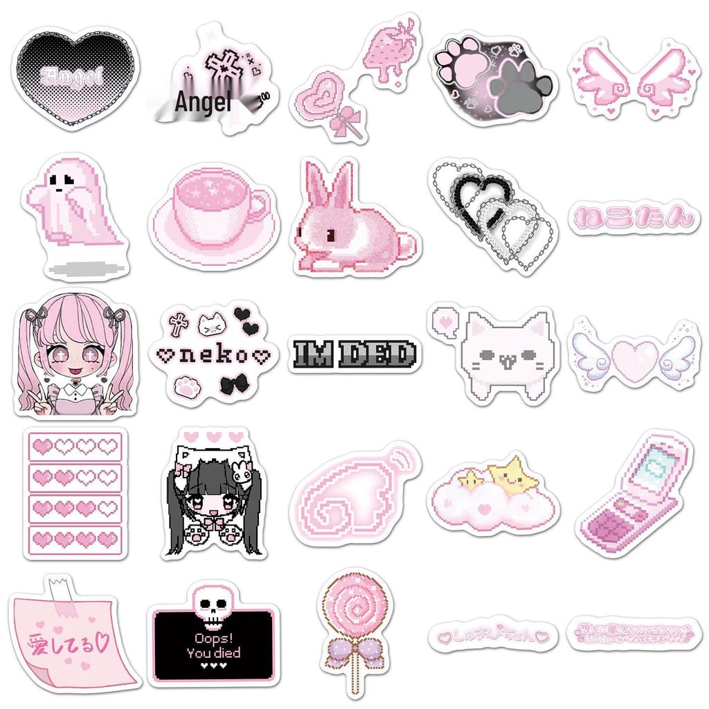 50 Pink Pixel-Style Yandere Stickers: Cute Japanese Cartoon Decor for Notebooks & Computers