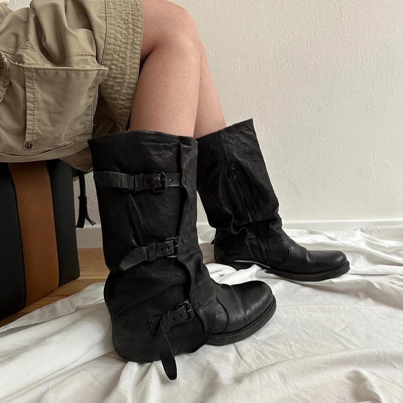 Vintage Knee High Boots Belt Buckle Round Toe Flat With Turned-Over Edge Genuine Leather Solid Color Elegant Sexy Shoes