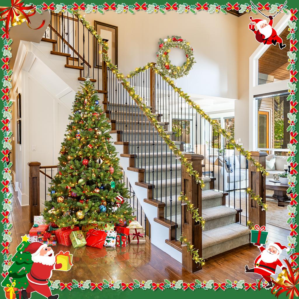 9.2 Feet Flocked Christmas Garland with Lights Decorated Garland Christmas Decorations for Mantle Fireplace Table Indoor Outdoor