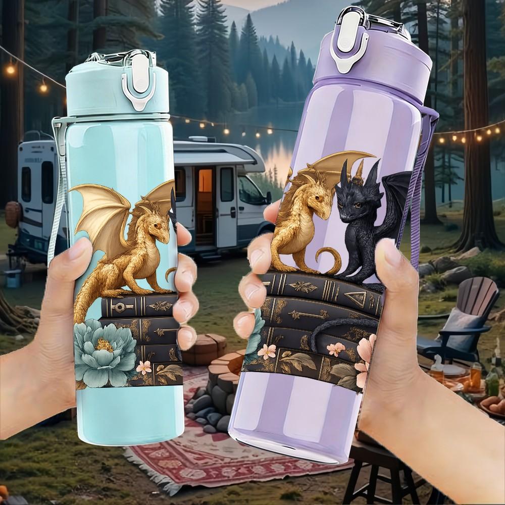 1PC Dark Dragon Book Floral Art 750ml Color Plastic Sports Water Bottle Leakproof Flip Straw Lid Suitable for Sports Office Home Use