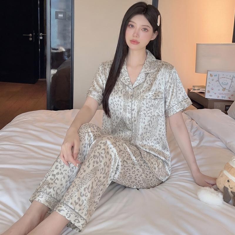 High-end leopard print light luxury fashion printed ice silk satin pajamas women's summer casual short-sleeved trousers set
