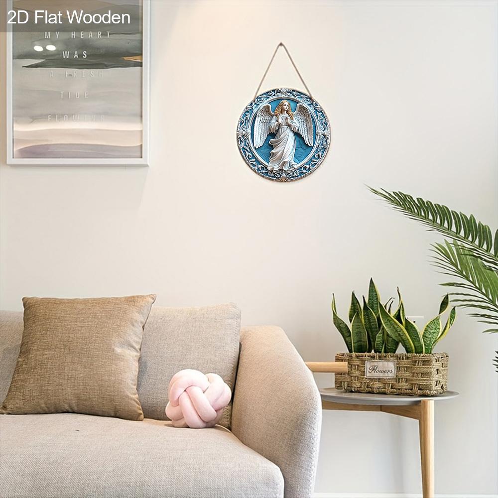Holy Angel Wooden Sign - Beautiful Angel Round Artwork for Front Door Wall Home Hanging Decoration