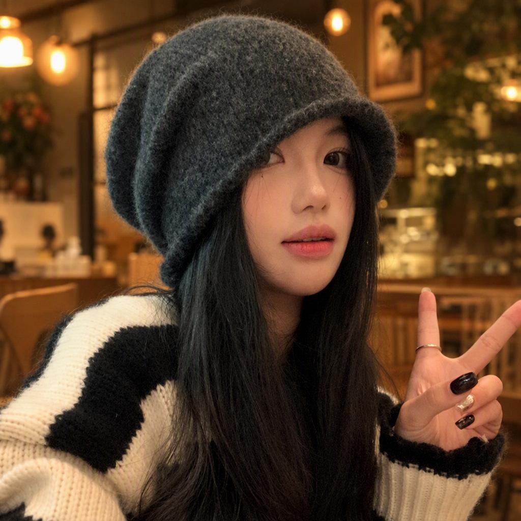 Grey Crimped Knitted Wool Hat Women's Autumn and Winter Face Small Pile Hat Big Head Circumference Ear Protection Warm Pullover Couple Hat