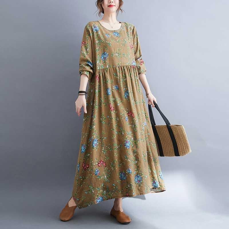 New Literary Plus Size Printed Long Sleeve Ethnic Style Dresses