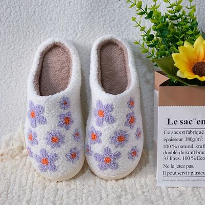 Fashion Purple Lilac Floral Embroidery Plush Slippers-Thick Warm Winter Indoor House Shoes with TPR Sole, Soft Fabric Unisex Slip-Ons for Men & Women