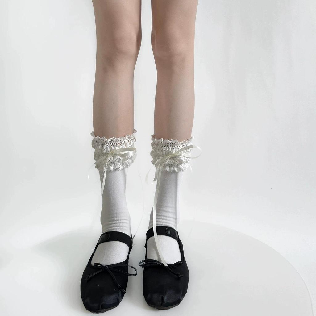 Reine Baumwolle Lolita Breite Spitze Schleife Socken - Frühling Wadenlang Süßer Wunsch Stil