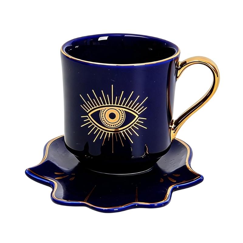 Ceramic Coffee Cup and Hand Shape Saucer Set Turkish Evils Eye Theme Mug Drinkware Gift for Safe Tea Milk Drinking