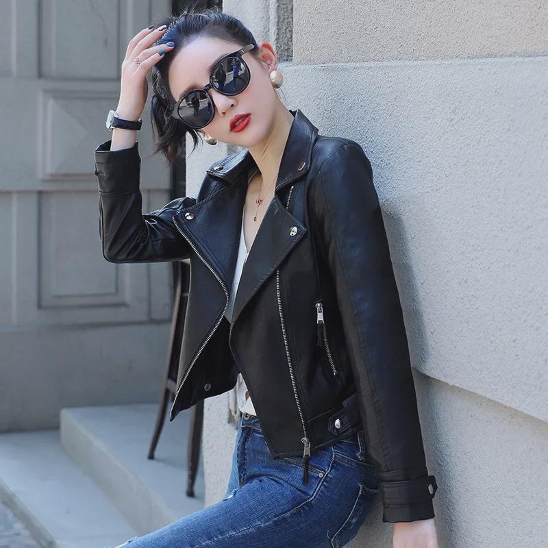 

Женская облегающая мотоциклетная куртка из искусственной кожи, корейский стиль, короткая, модная, осенняя мода. Small