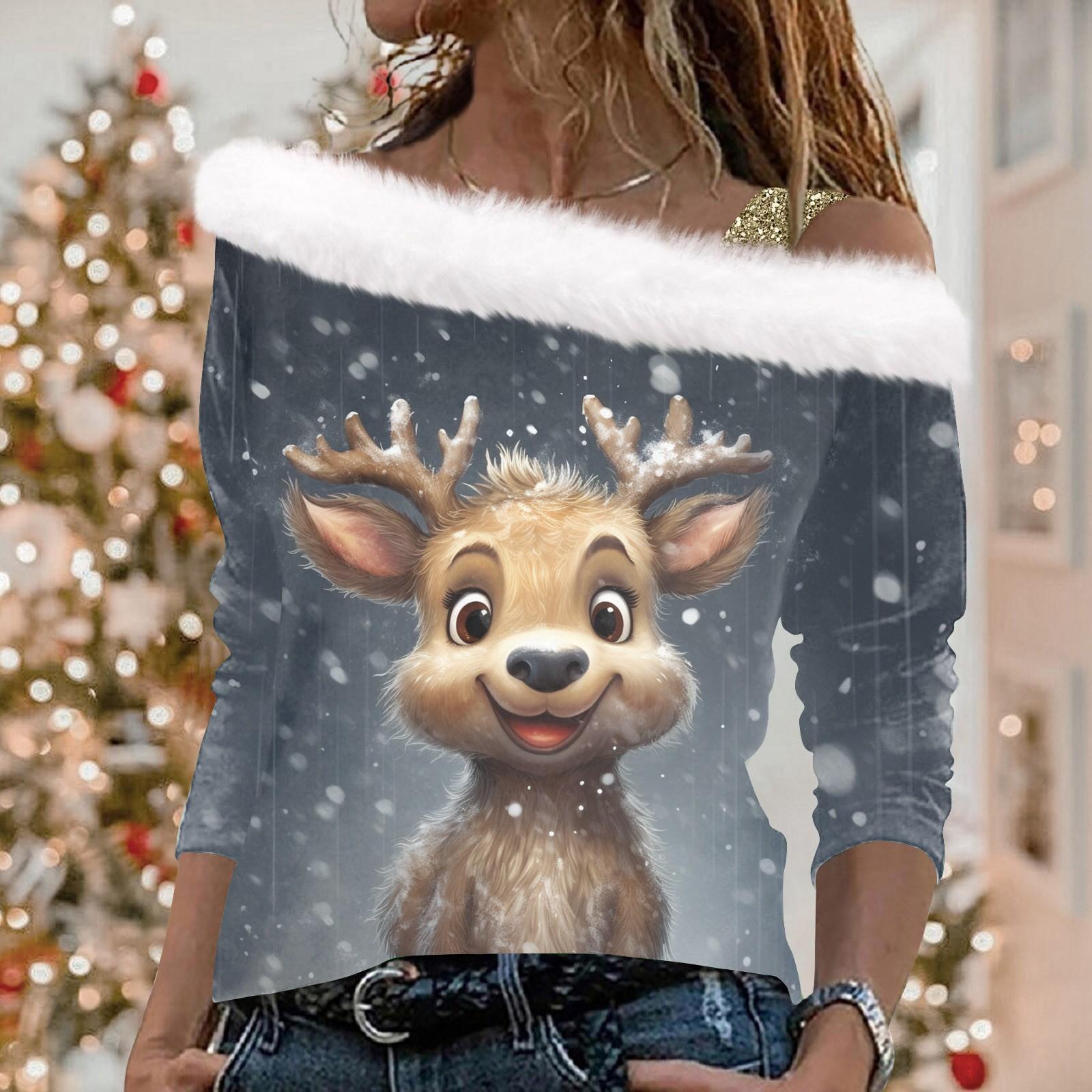 

Женские топы с длинными рукавами. Модные женские свободные пуловеры с открытыми плечами с рождественским принтом. XL