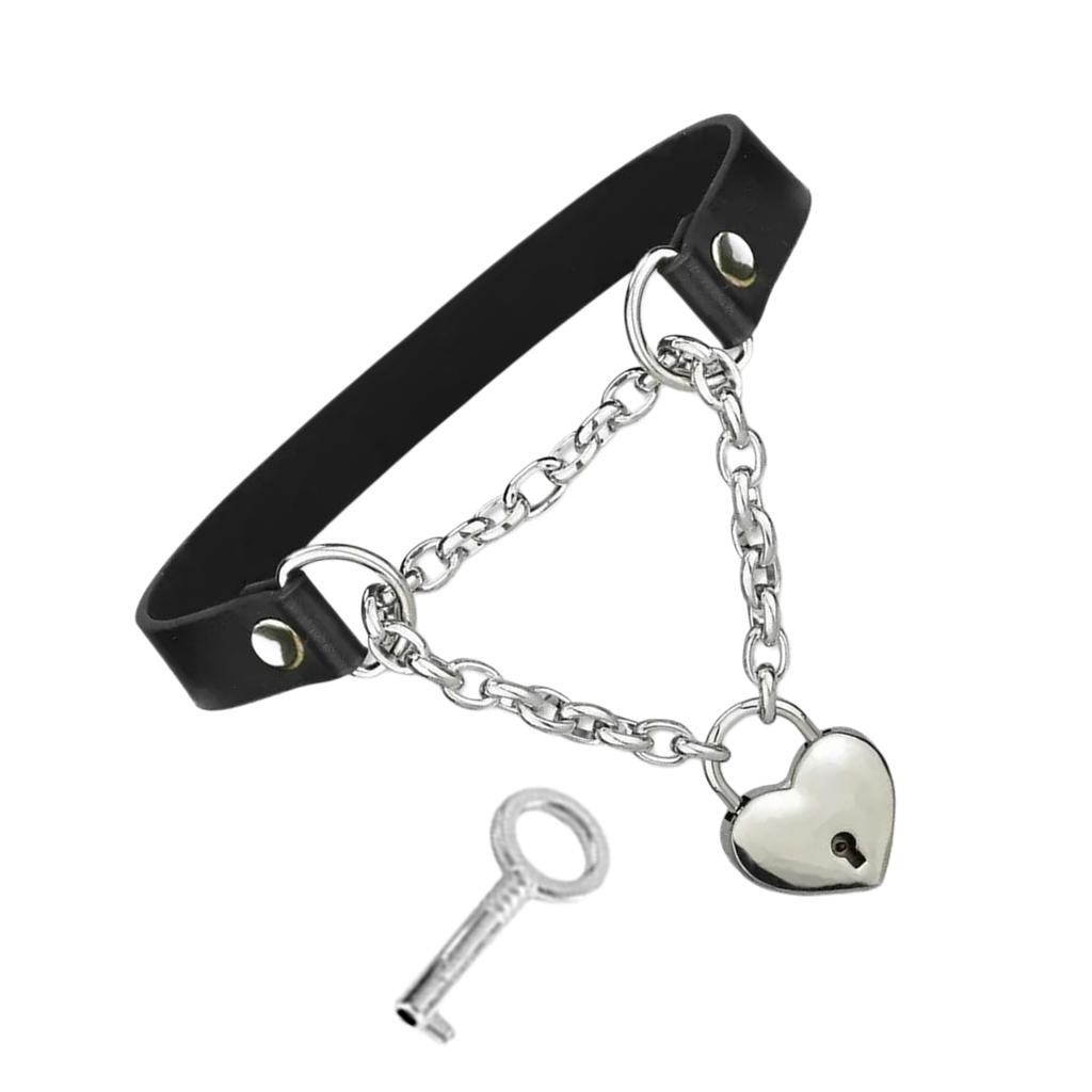 Women Black PU Leather Necklace with Padlock Heart Charm Necklace Adjustable Chain Necklace Leather Texture for Daily