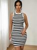 Summer 2026 Black & White Striped Sleeveless Knit Dress - European & American Women's Fashion Bestseller