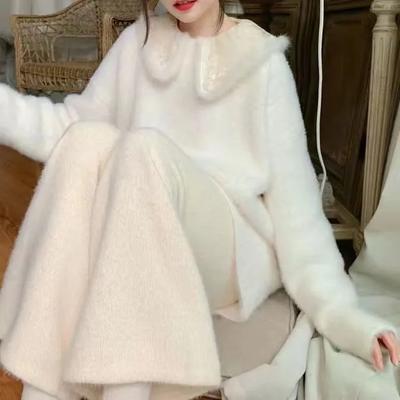 Pantaloni da donna a vita alta in maglia, pantaloni larghi, morbidi pantaloni casual in poliestere tinta unita per autunno inverno
