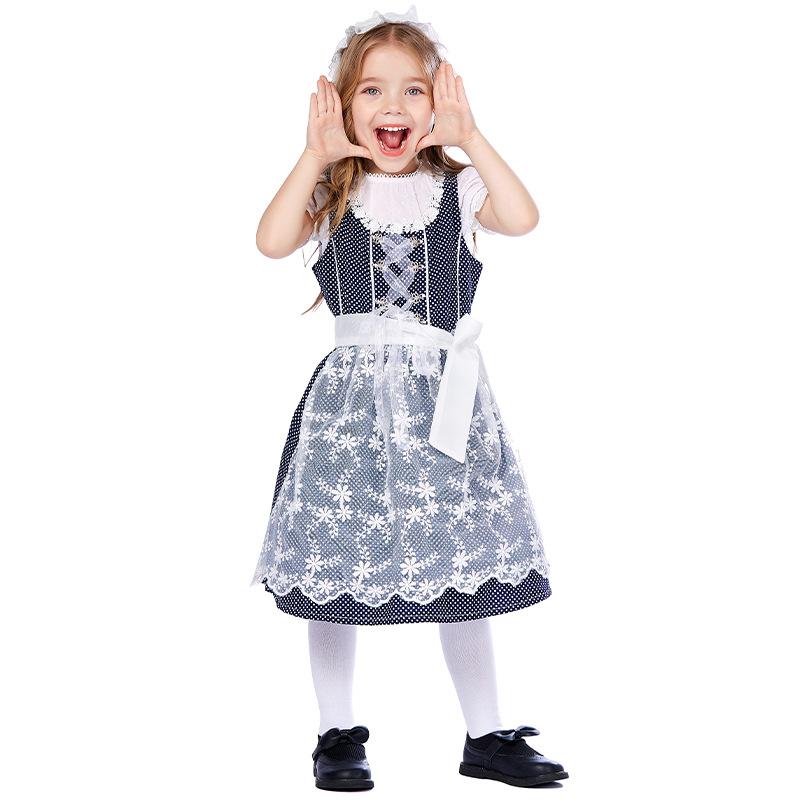 Girls Kids Princess German Beer Oktoberfest Mesh Floral Dress Headwear Set Maid Children Halloween Cosplay Costumes Role Play Outfit