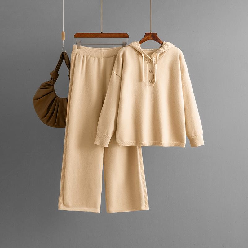 A New Autumn and Winter Knitwear Set Featuring A Hooded, Loose-buttoned Sweater and Wide-leg Pants for Women
