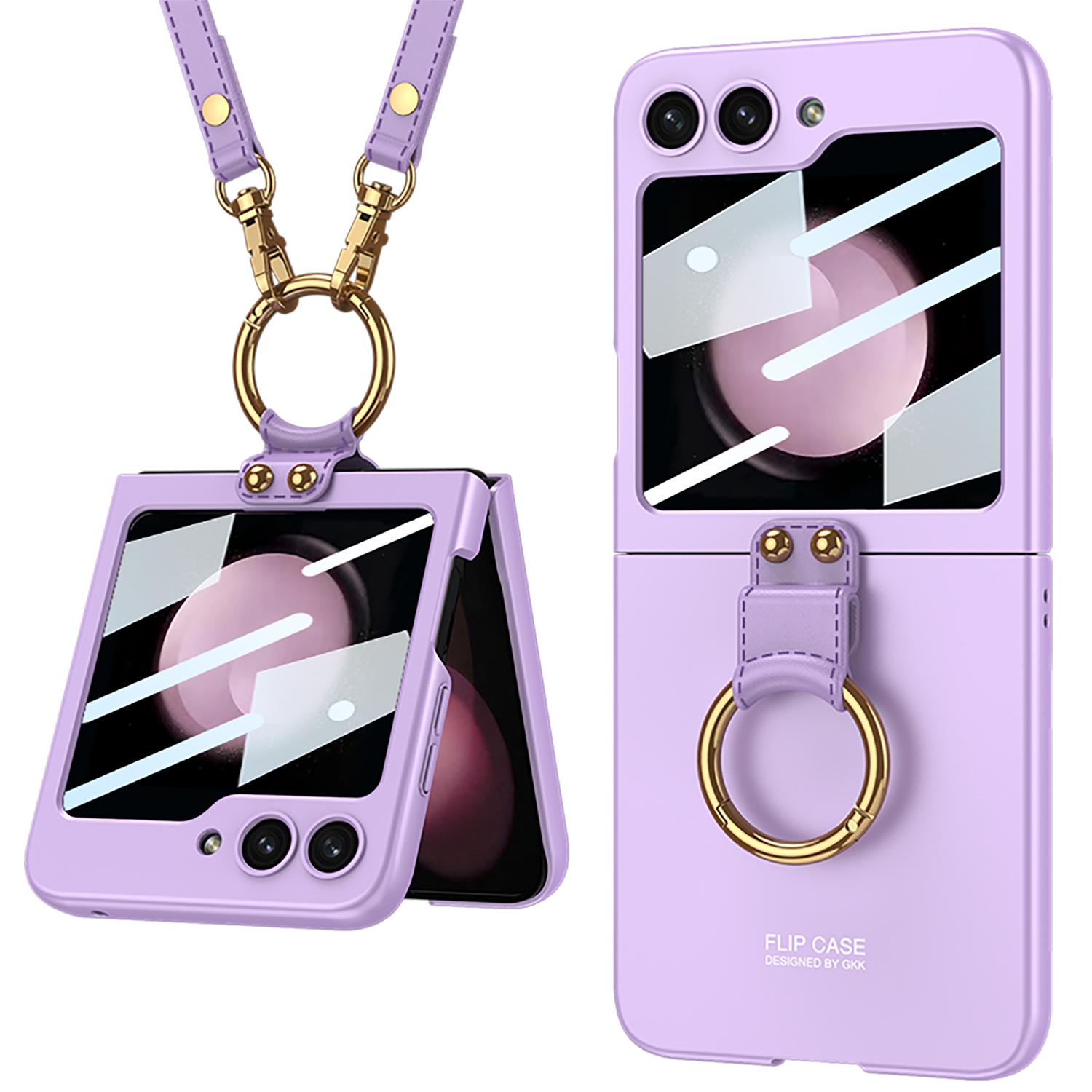 

GKK For Samsung Galaxy Z Flip5 5G Ring Kickstand Cover Hard PC Phone Case with Small Screen Film and Shoulder Strap Purple
