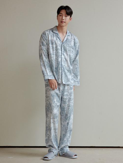 

[LUNALUZ STUDIO] Мужская пижама с длинным рукавом и воротником из модала и хлопка [Отправка из Кореи] 100% Оригинал Blue Grey