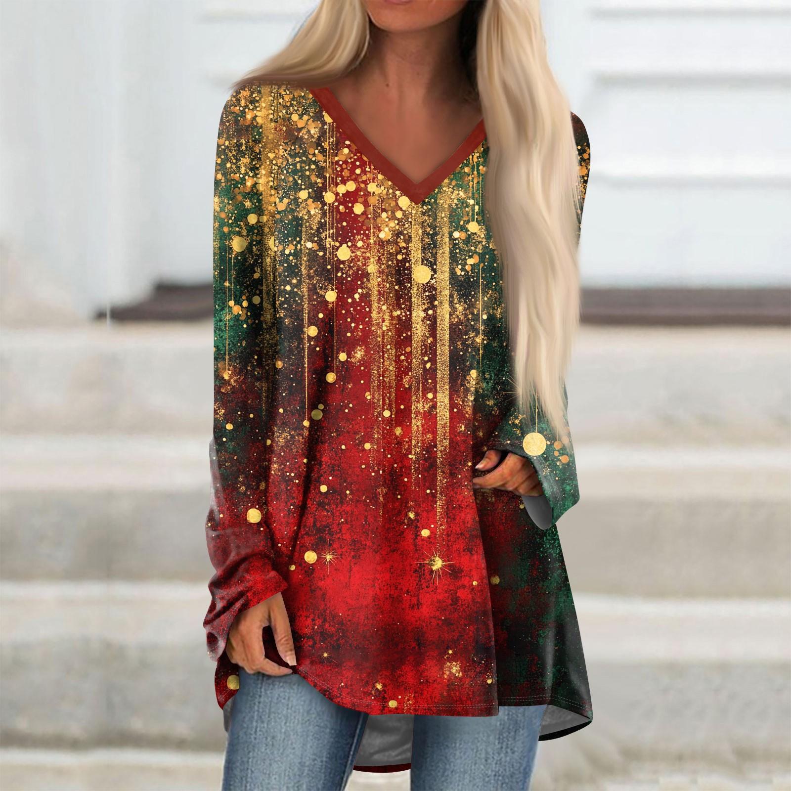 

Женская модная повседневная футболка с принтом, длинный рукав, V-образный вырез, топ средней длины XXL винный